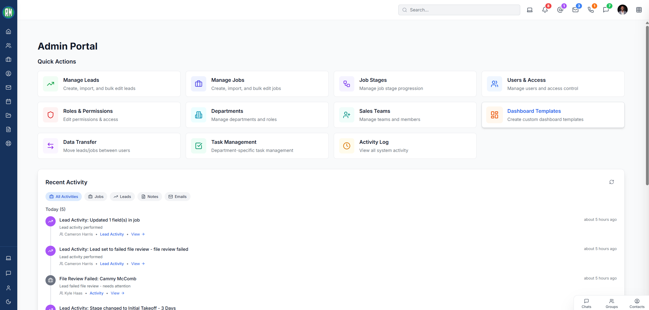 Admin configuration: users, roles, permissions, departments, activity logs, and task management